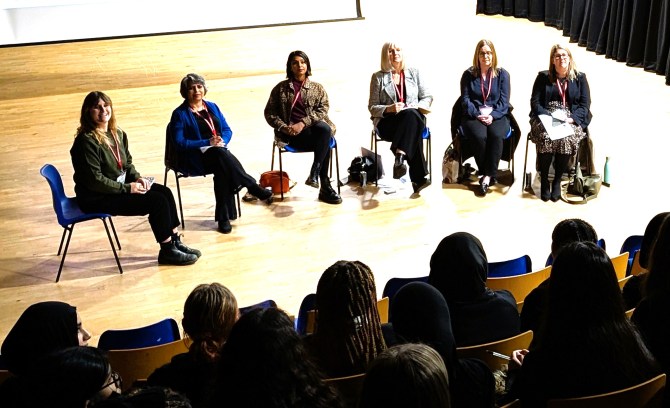 Shreya speaks to a packed British high school hall about creative careers and leadership for women, on a panel assembled by Britain’s biggest literacy charity, National Literacy Trust, and cosmetics giant&nbsp;Lancôme
